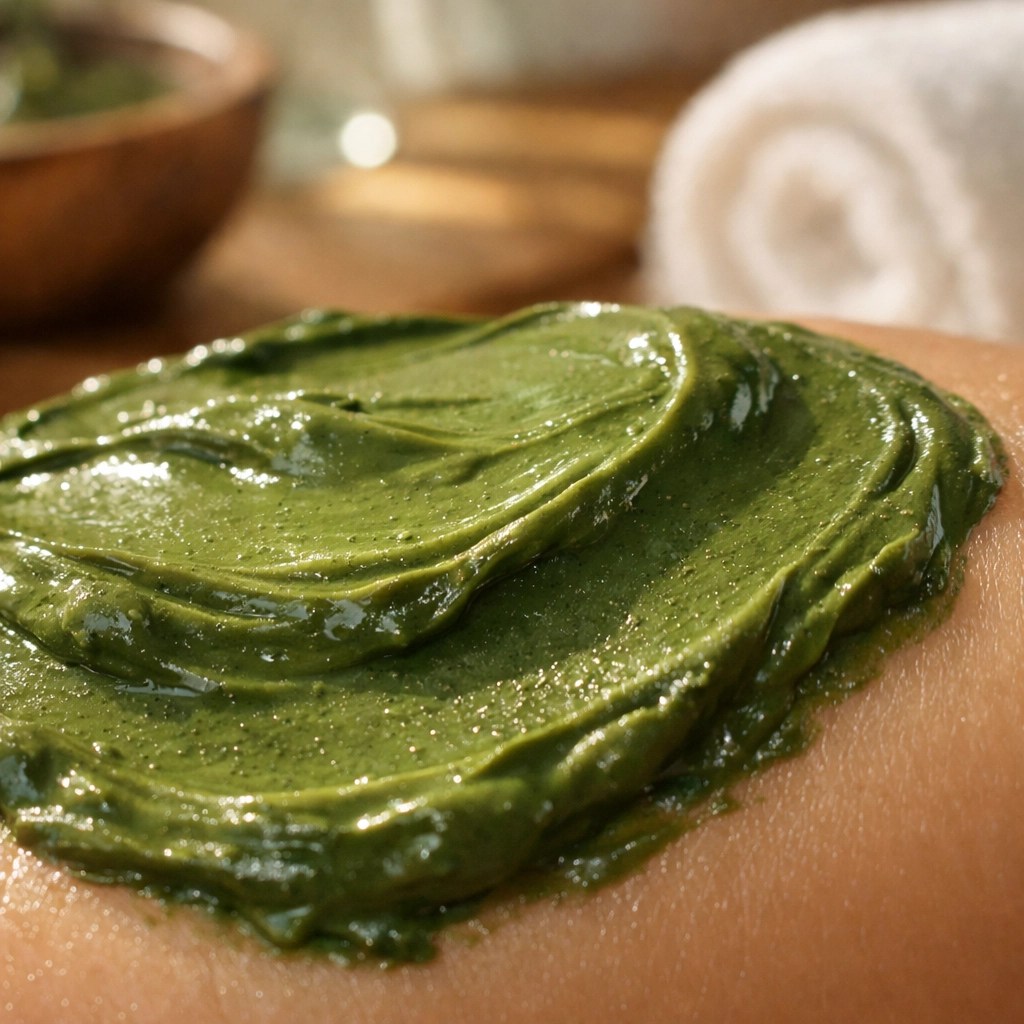 Moist French green clay on skin showing the ideal creamy texture for a natural detox mask.