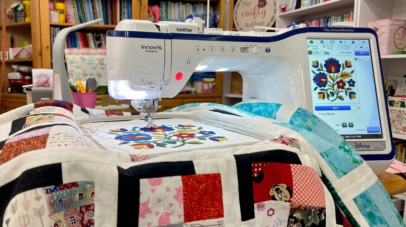 A close-up of a modern embroidery machine stitching an intricate floral design onto a quilt block in a bright, cozy studio.