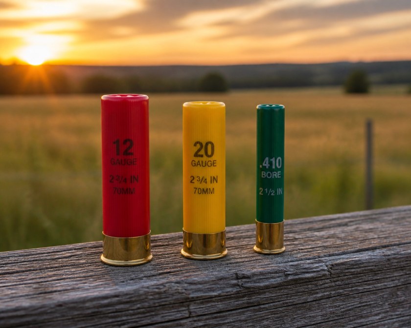 Comparison of 12-gauge, 20-gauge, and .410 shotgun shells for hunting and home defense.