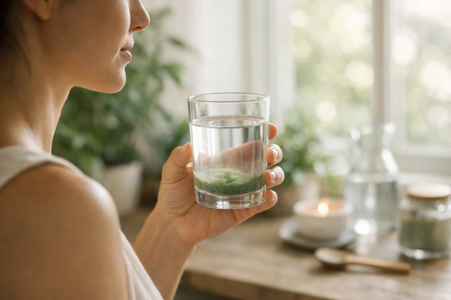 Morning wellness ritual with food grade clay in a glass of water for a consistent clay detox.