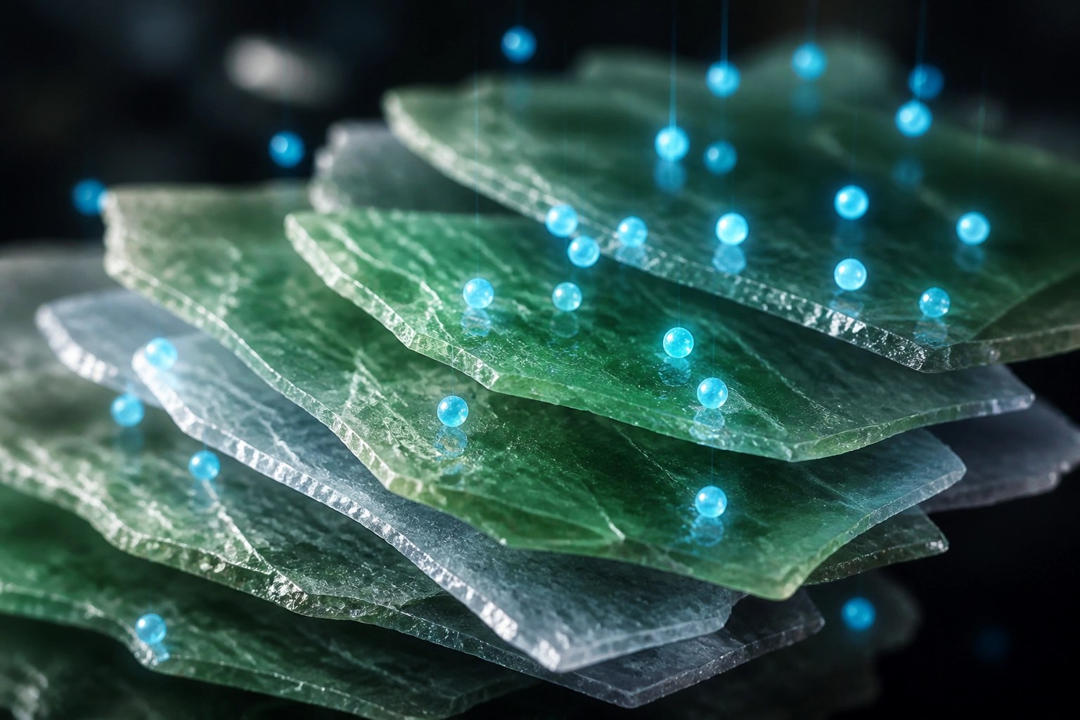 Microscopic view of green clay platelets attracting toxin ions through electrical charge.