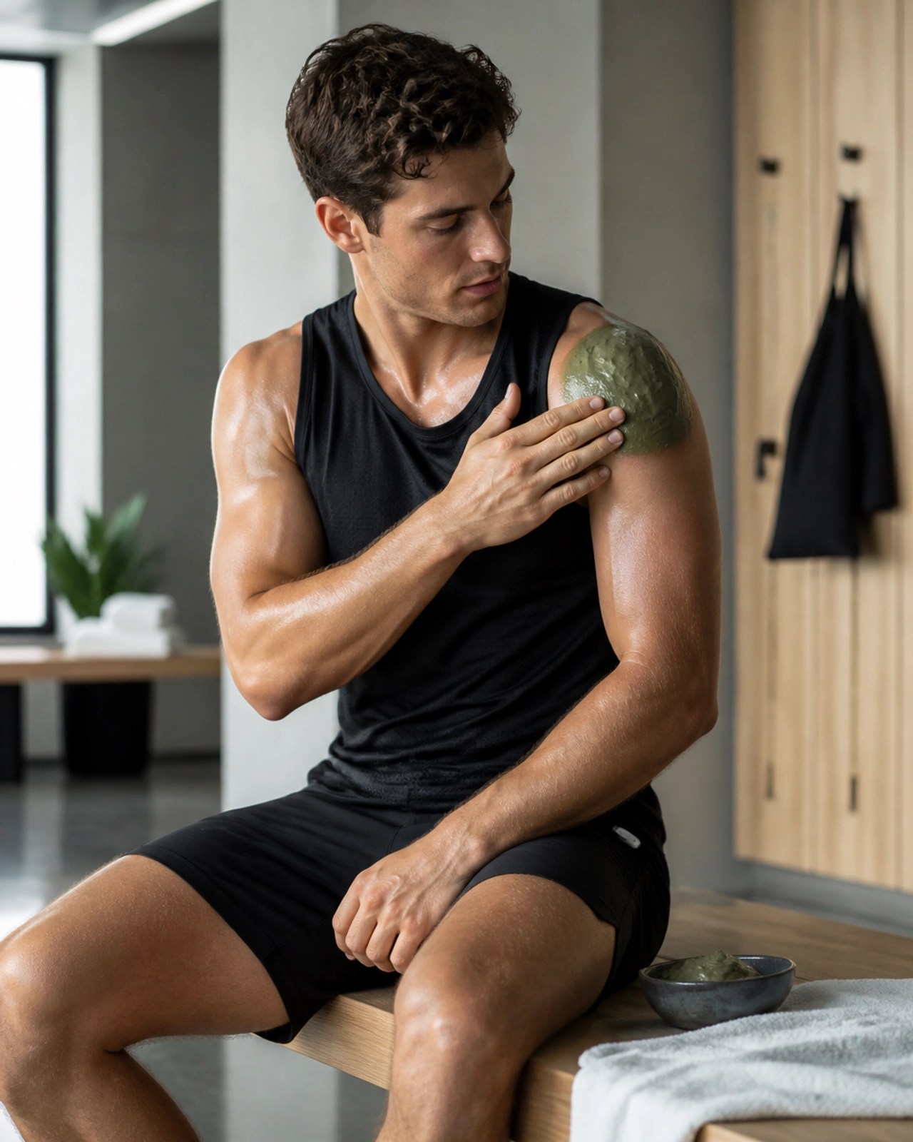 An athlete applying a green clay poultice to their shoulder for recovery