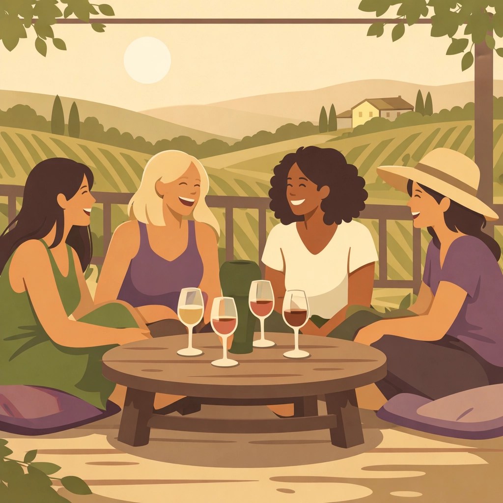 Women enjoying conversation at private Loudoun vineyard wine tasting terrace
