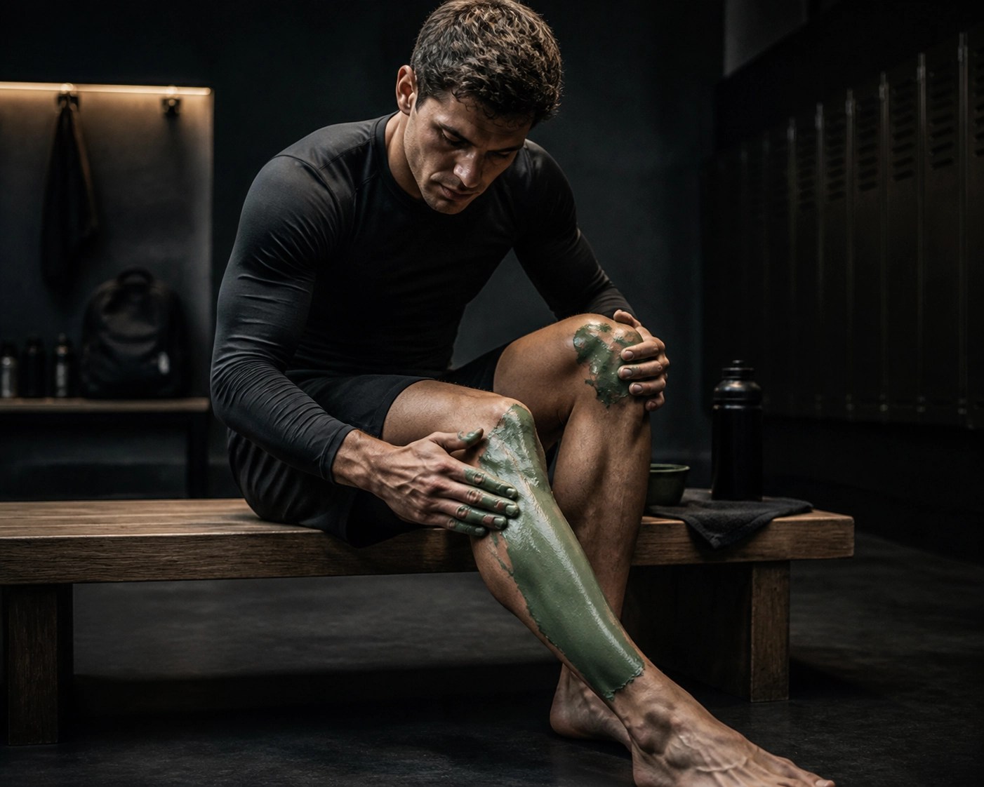 Athlete applying thick green healing clay to sore calf muscles for professional sports recovery and relief.
