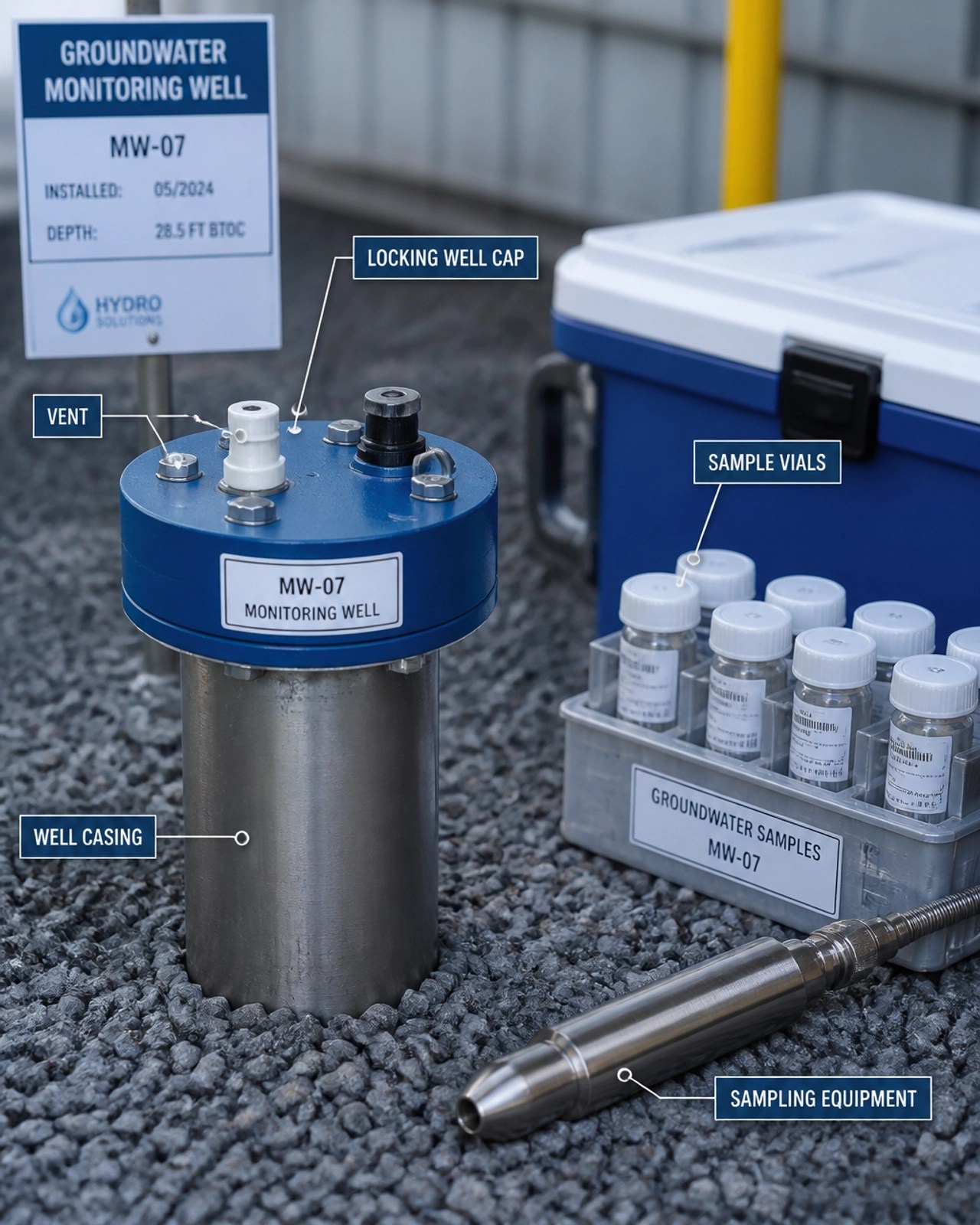 Groundwater monitoring well cap and sampling equipment on a professional project site