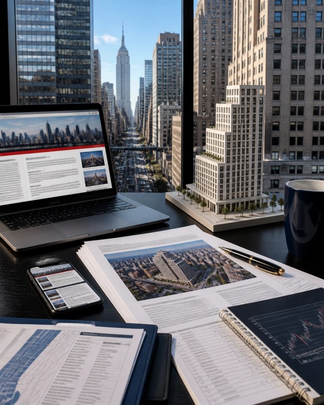Editorial desk showing real estate deal documents, market alerts and a Manhattan building model