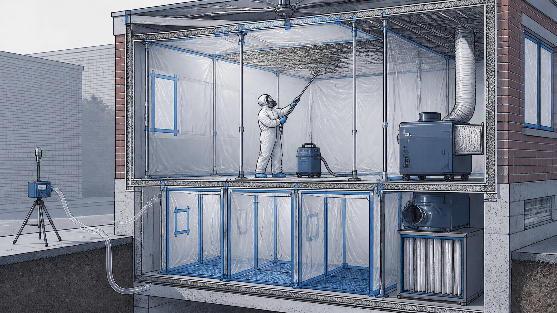 Technical illustration of a contained New Jersey renovation work area with negative-pressure HEPA filtration and perimeter air monitoring