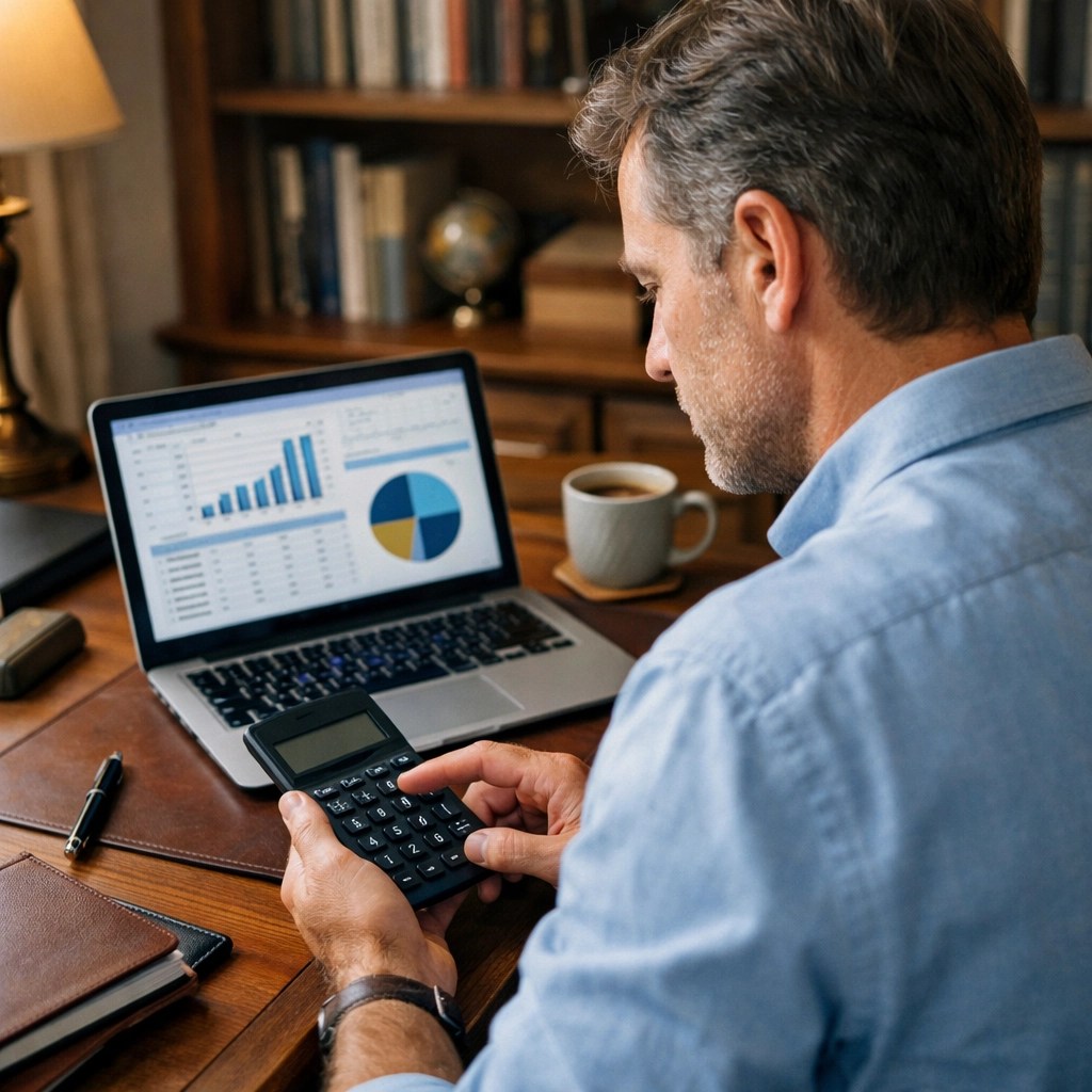 A man using a calculator to plan his debt avalanche strategy for a debt-free retirement.