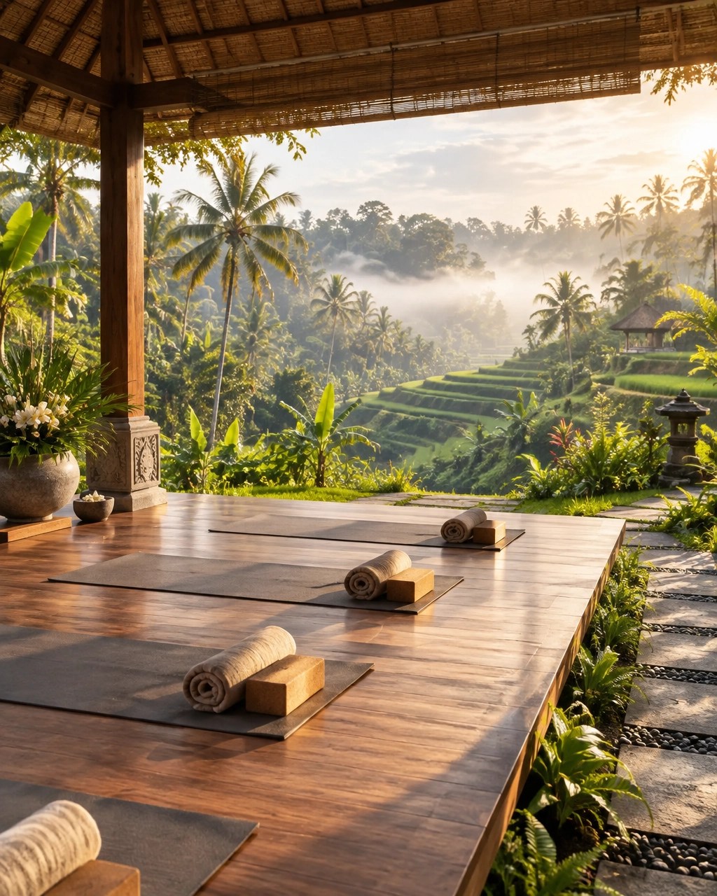 Peaceful Ubud wellness retreat beside emerald rice terraces