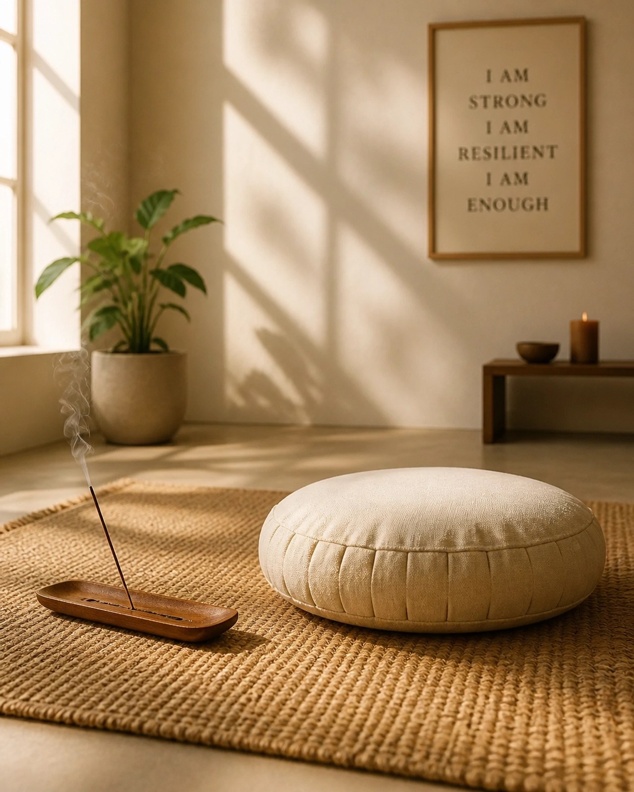 A minimalist meditation space with soft afternoon light and shadows