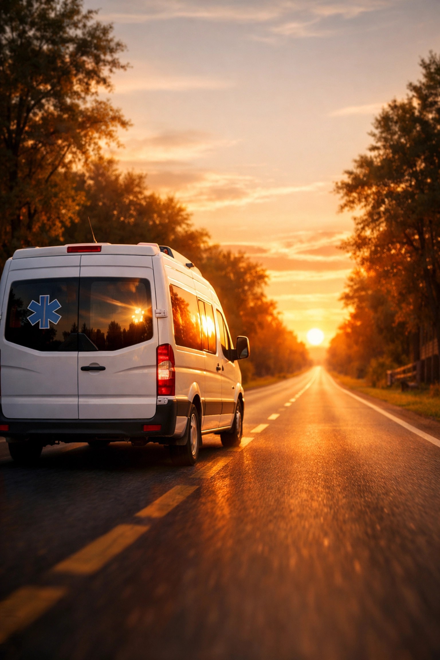 Medical transportation vehicle driving toward an appointment during golden hour.