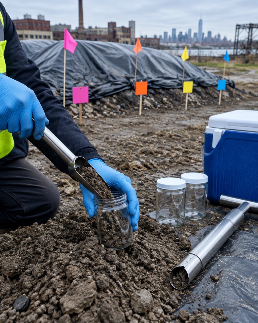 Covered historic fill stockpile with sampling zones, stake flags, and field sampling equipment at an urban New Jersey redevelopment site