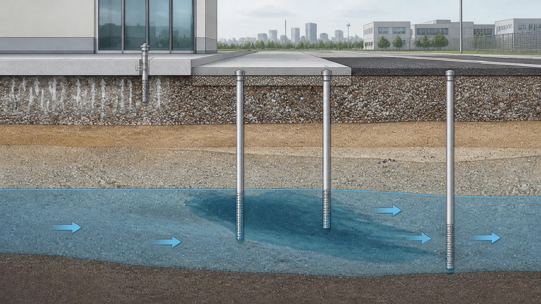 Technical cross-section showing soil layers, groundwater table, monitoring wells, contaminant plume, and soil vapor zone