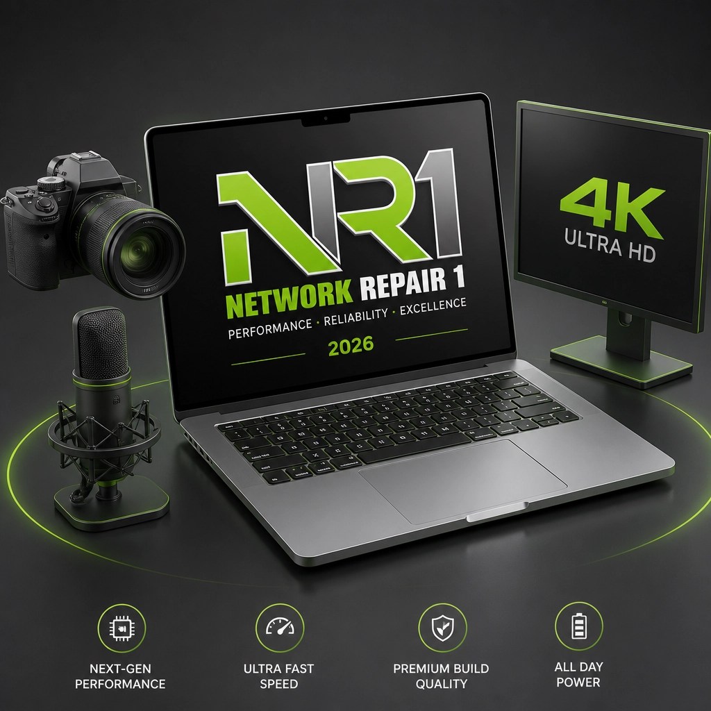 High-performance 2026 laptop surrounded by productivity and creative icons