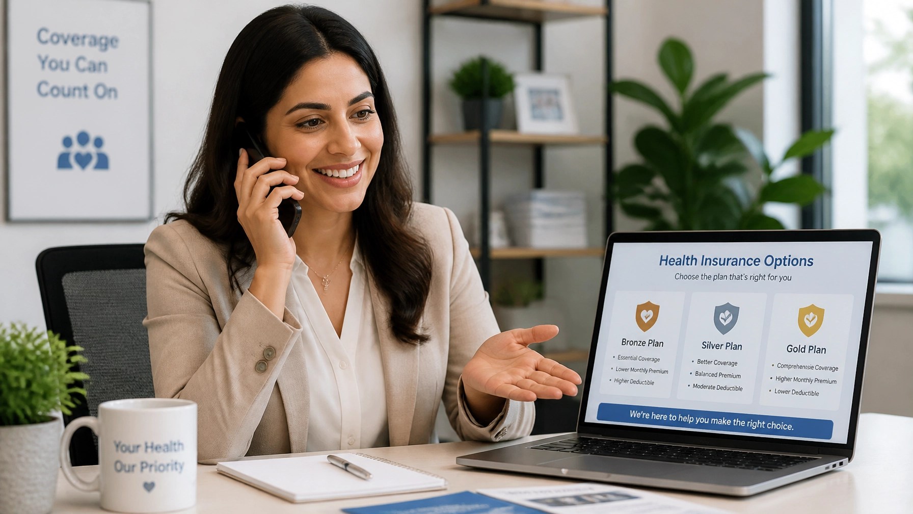 A friendly insurance expert explaining policy options on a laptop computer in a bright office
