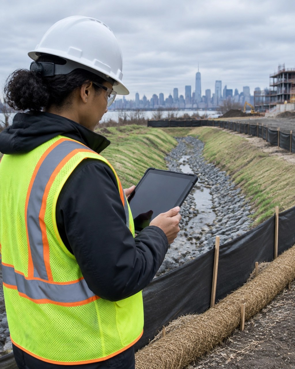 Qualified environmental professional reviewing stormwater controls and field conditions at a New York construction site