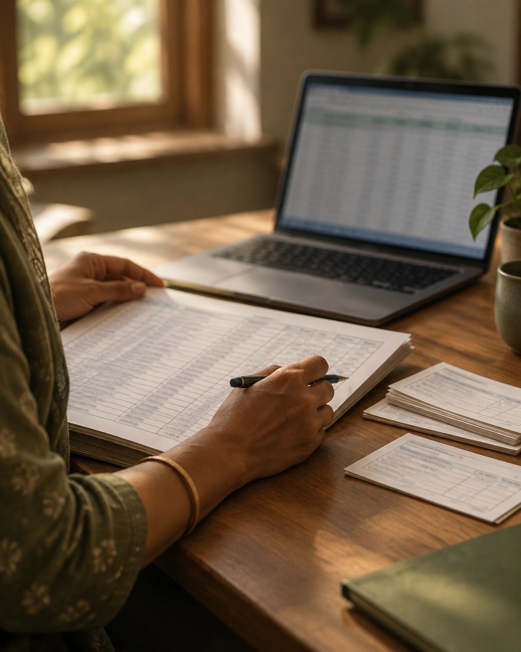 An NGO staff member checking a donor register beside an unreadable spreadsheet