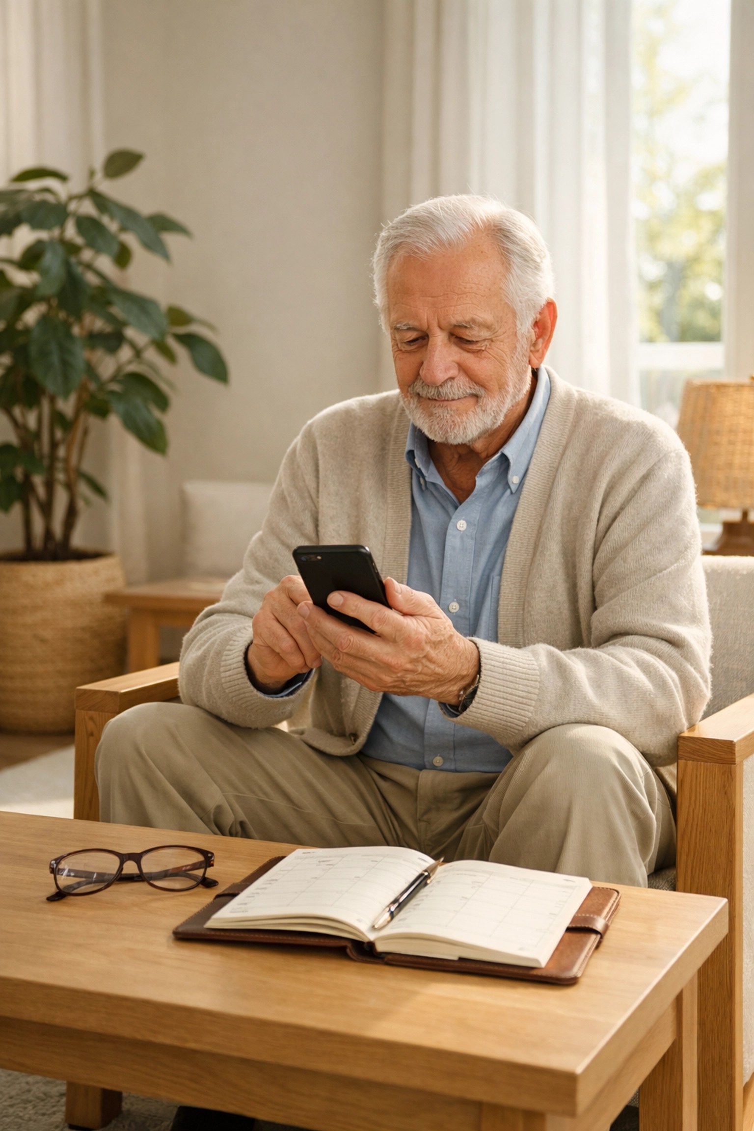 Senior man preparing to book a door-to-door medical ride using his smartphone at home.