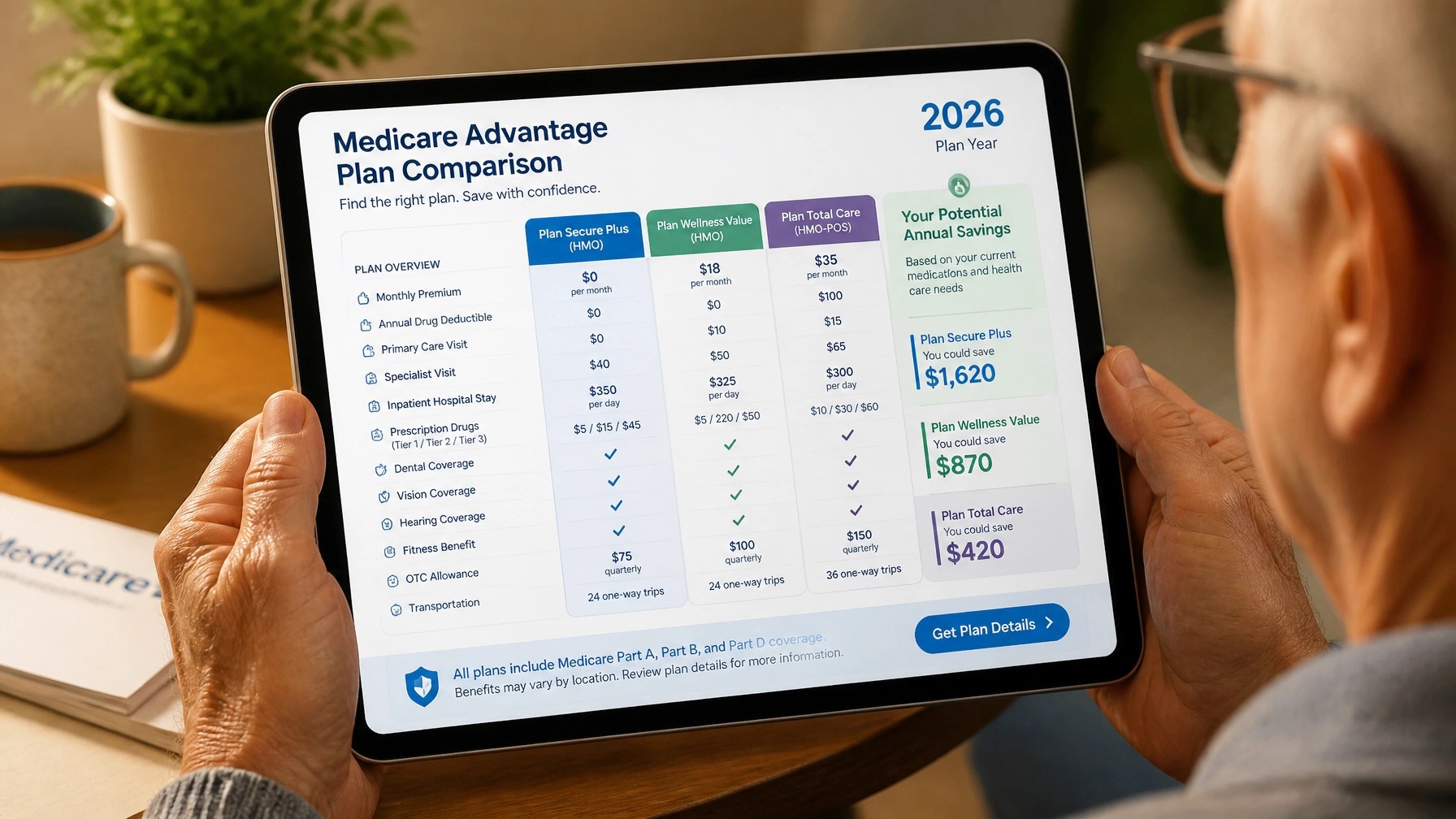 A senior person reviewing 2026 Medicare Advantage plan comparison charts and savings data on a tablet
