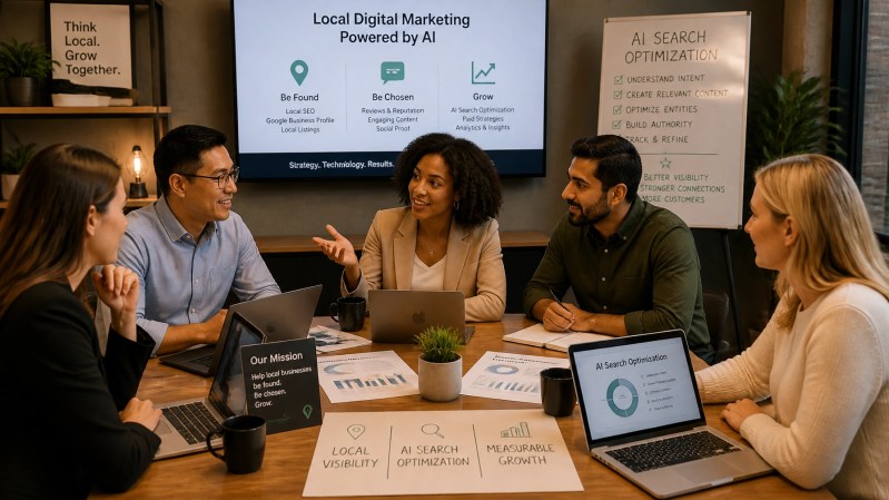 A diverse team of business professionals collaborating around a conference table discussing local digital marketing