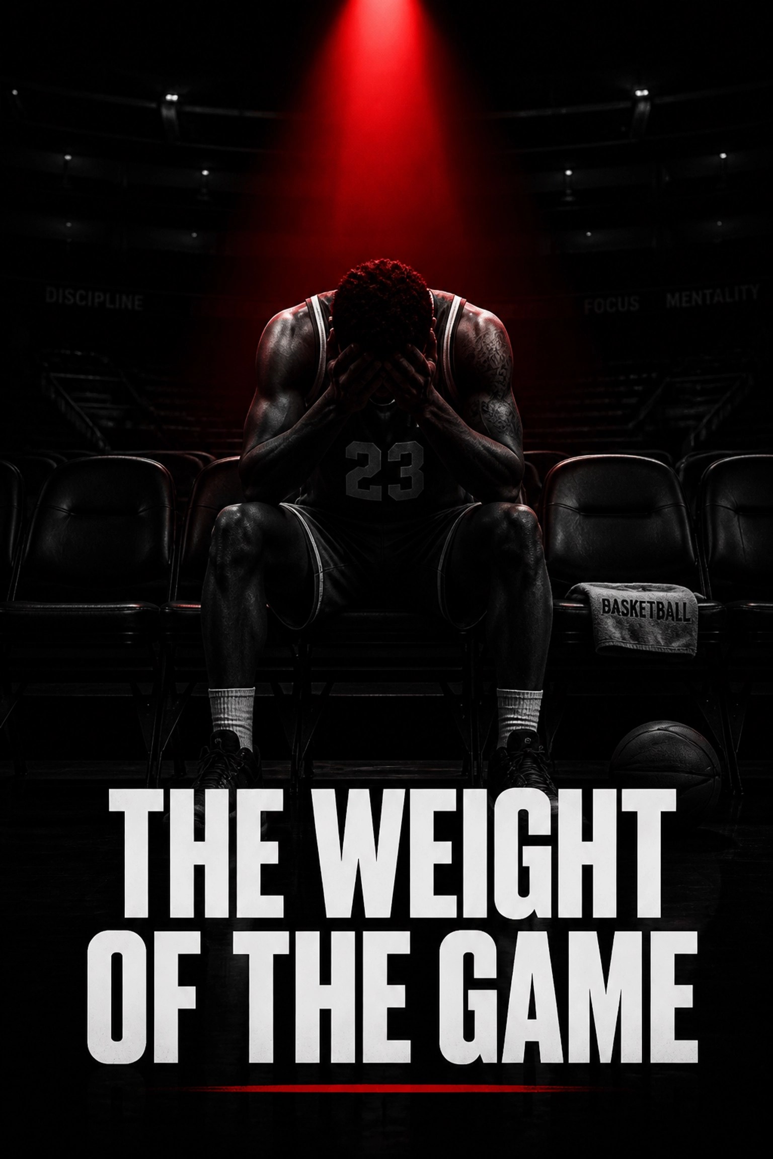 Basketball player sitting in a dark arena reflecting on mental health and NBA playoff pressure.