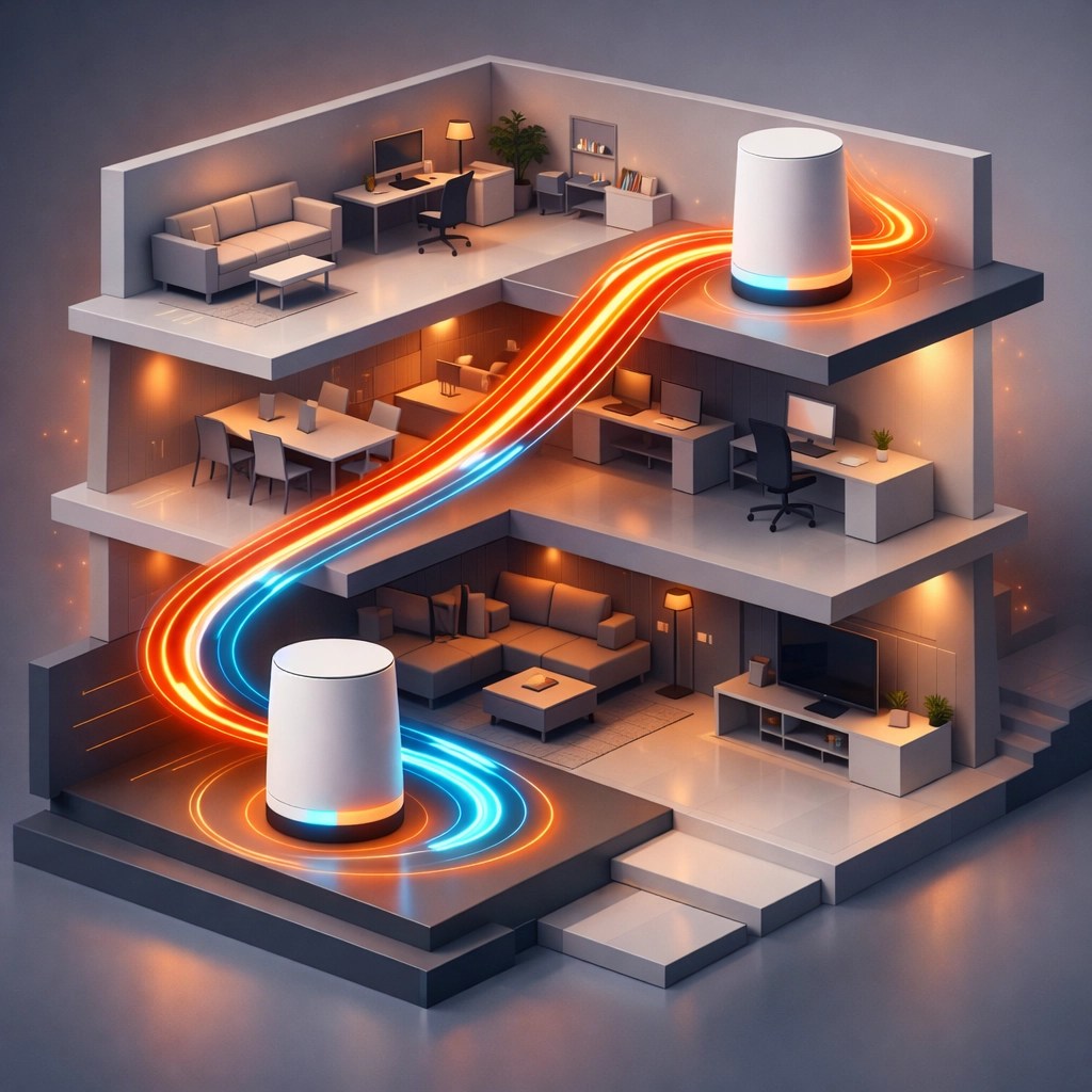 Modern mesh Wi-Fi network nodes providing high-speed internet coverage across multiple office floors.