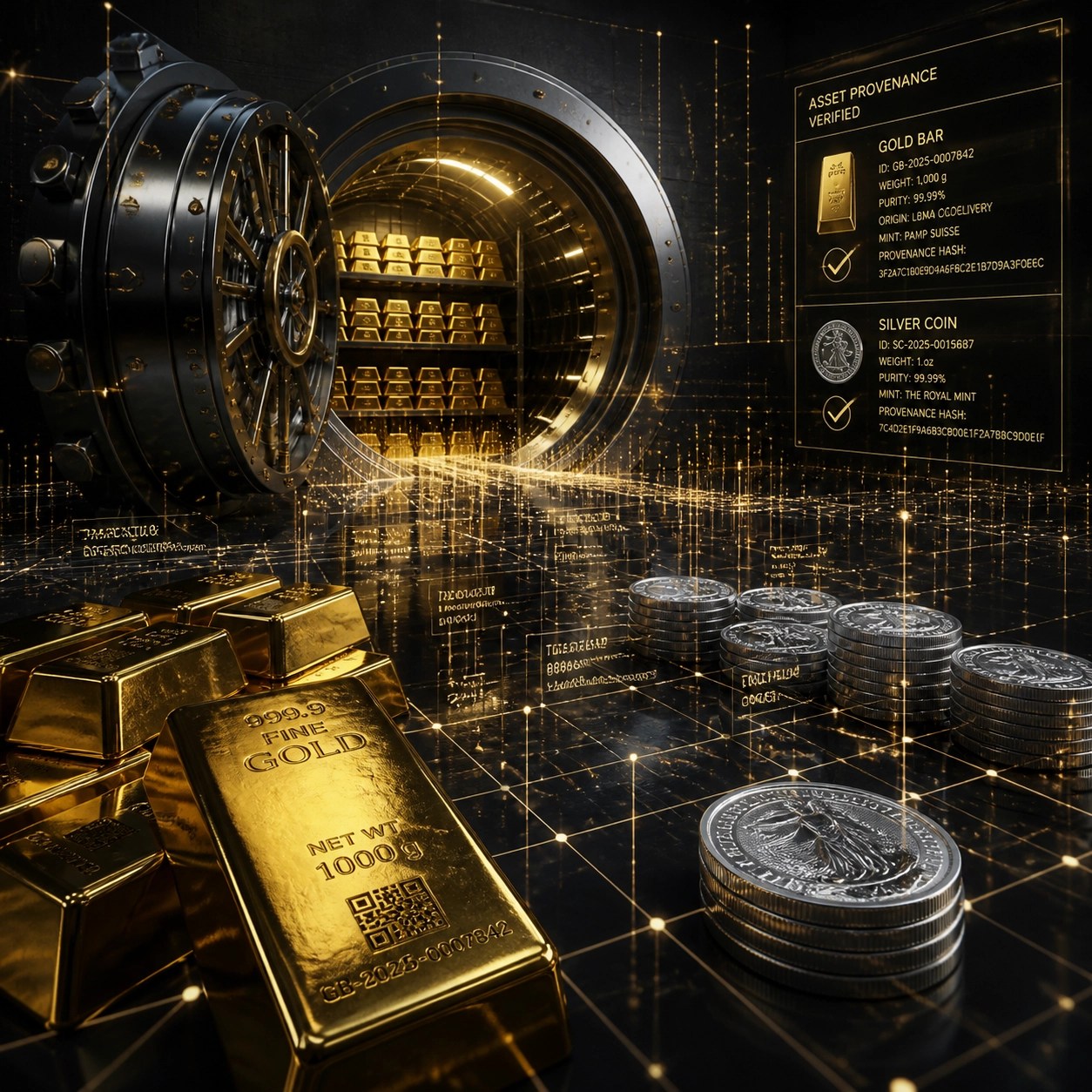 A digital vault landscape where gold bars and silver coins are integrated into a glowing grid of data.