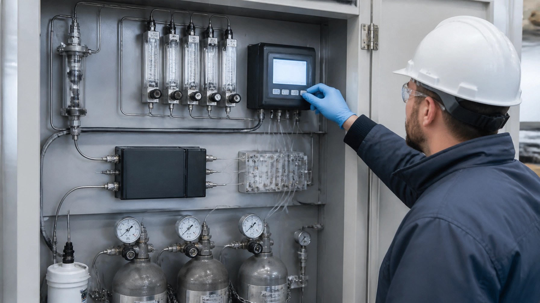 Industrial air emissions monitoring cabinet with sampling equipment