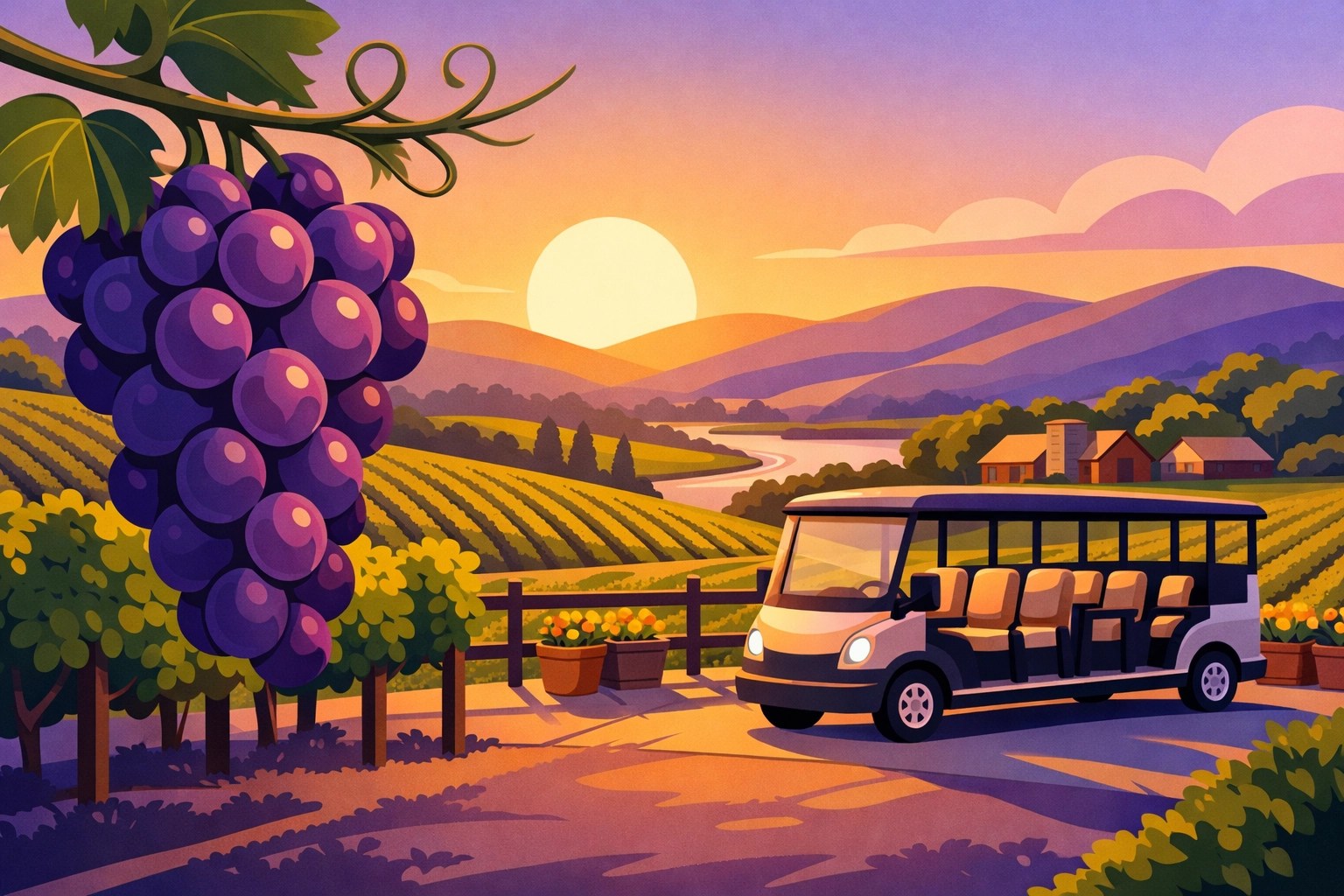 Luxury tour vehicle parked at a beautiful Virginia vineyard during a golden hour sunset.