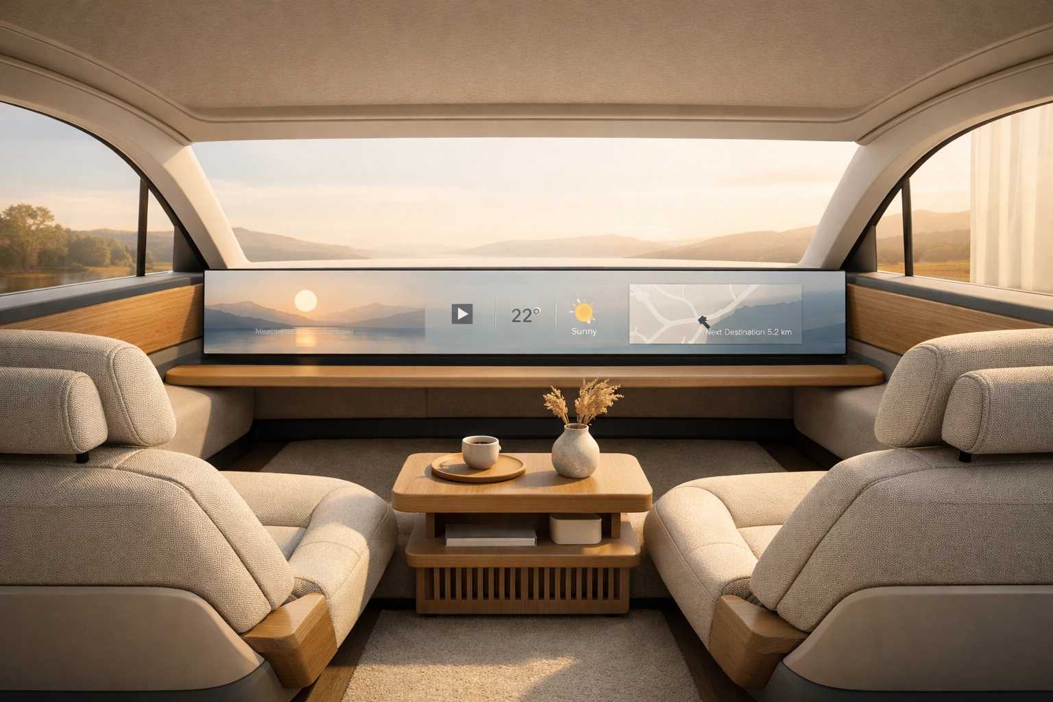 Luxury electric car interior with a minimalist dashboard designed for a modern lifestyle.