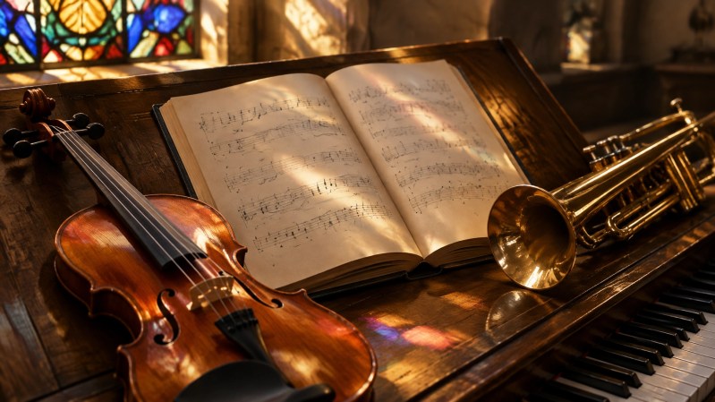 Open hymnal with violin, trumpet, and piano keys in warm stained-glass light