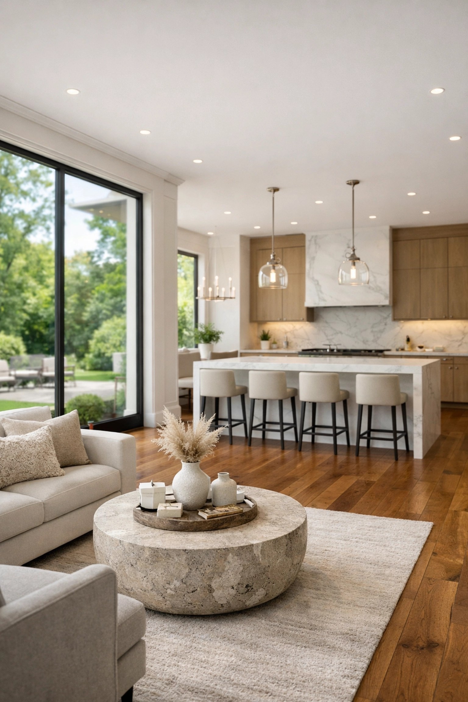 Modern open-concept living room in a Kettering home, showcasing premium Montgomery County real estate.