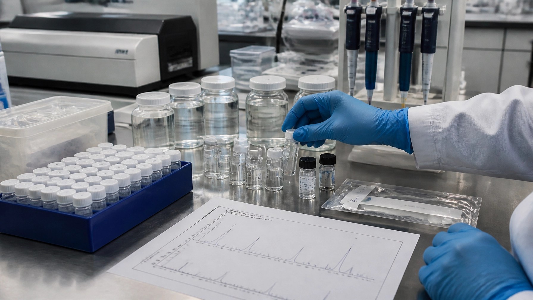 PFAS laboratory QA/QC setup with sample vials, field blanks, custody seals, and analytical equipment