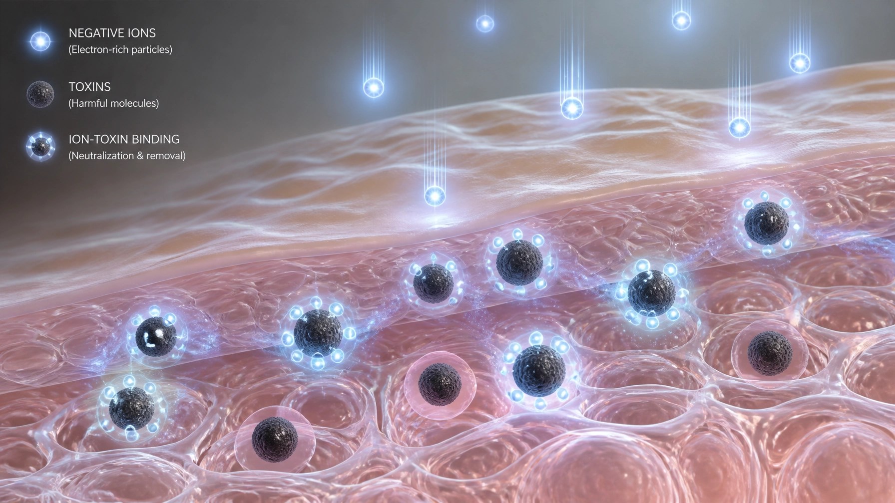 Abstract representation of negative ions binding to toxins