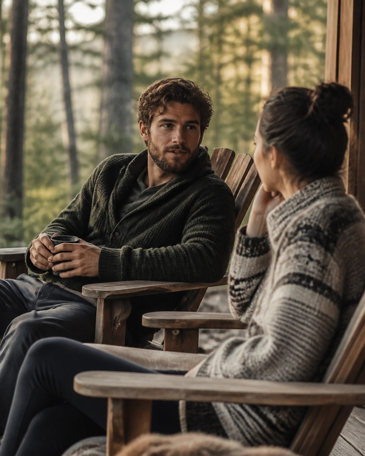 Two people in deep, sincere conversation on a porch, highlighting the importance of connection.