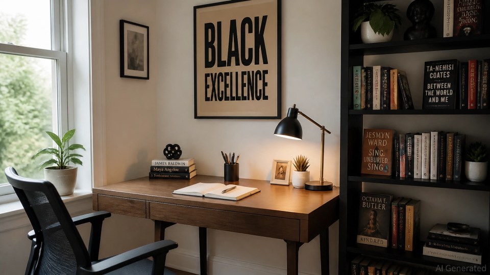 A quiet, organized study space with a wooden desk and books by black authors.