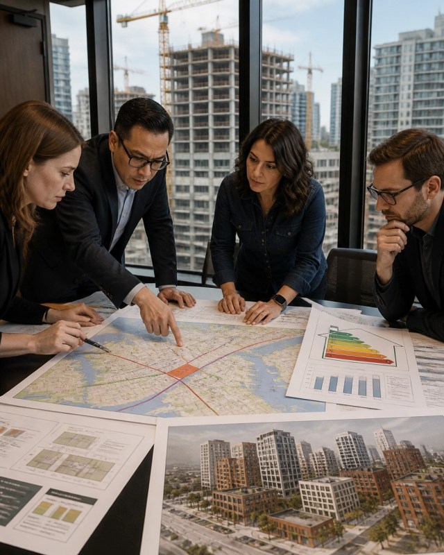 Investment team reviewing a New York zoning map, energy assessment and mixed-income development plan