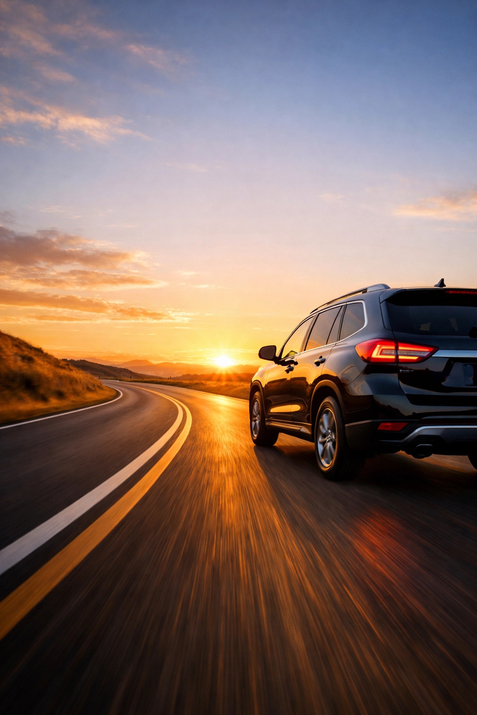 An SUV driving smoothly on a clear road toward the horizon, symbolizing operational excellence and leadership success.