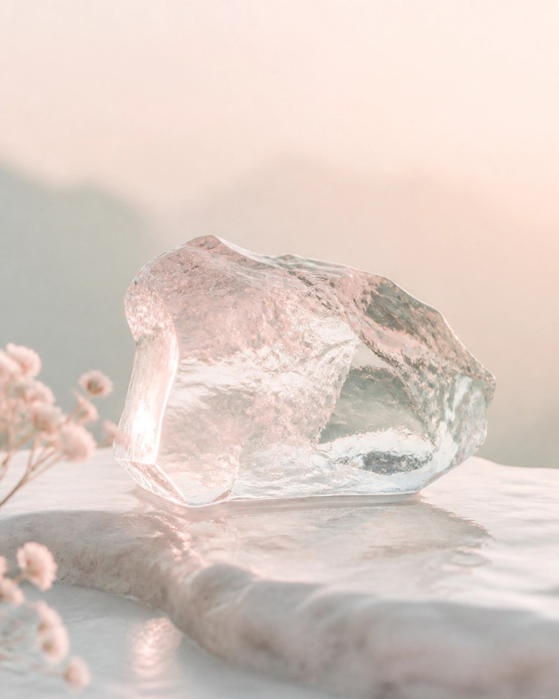 A minimalistic and elegant photo of a beautiful, translucent block of ice representing God as our Rock and Foundation.
