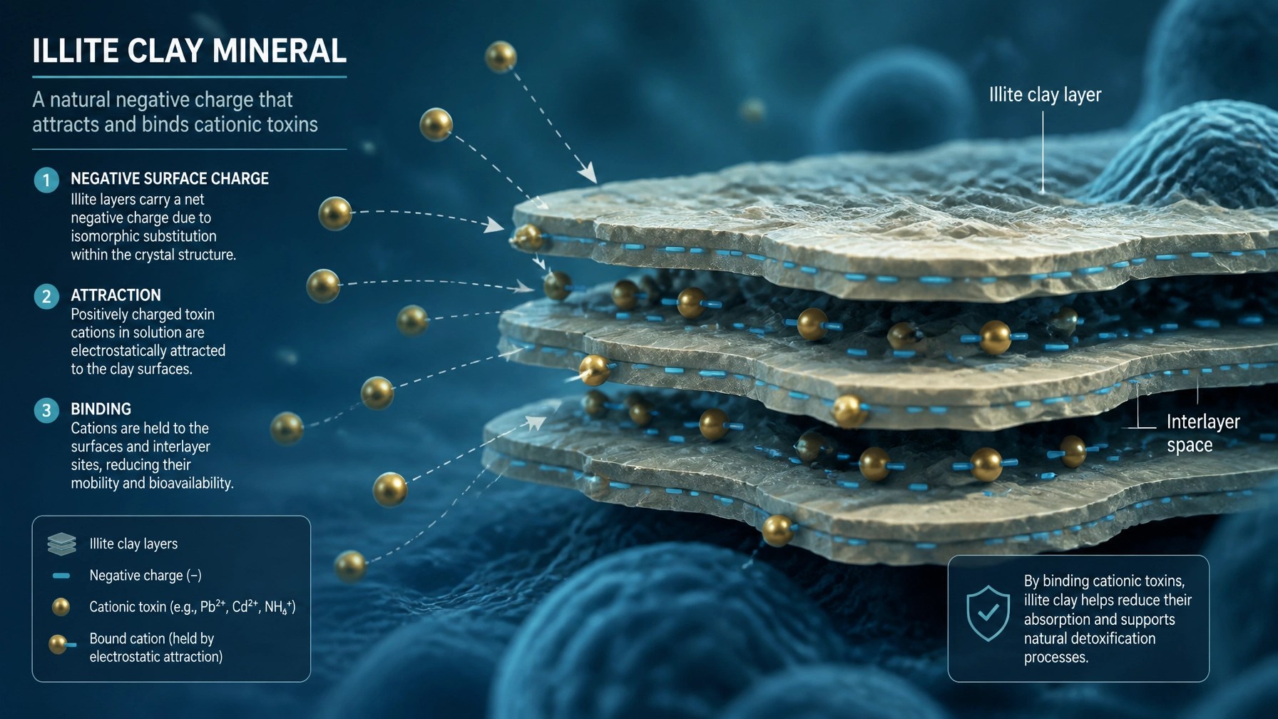 Scientific illustration of clay minerals binding toxins at a microscopic level