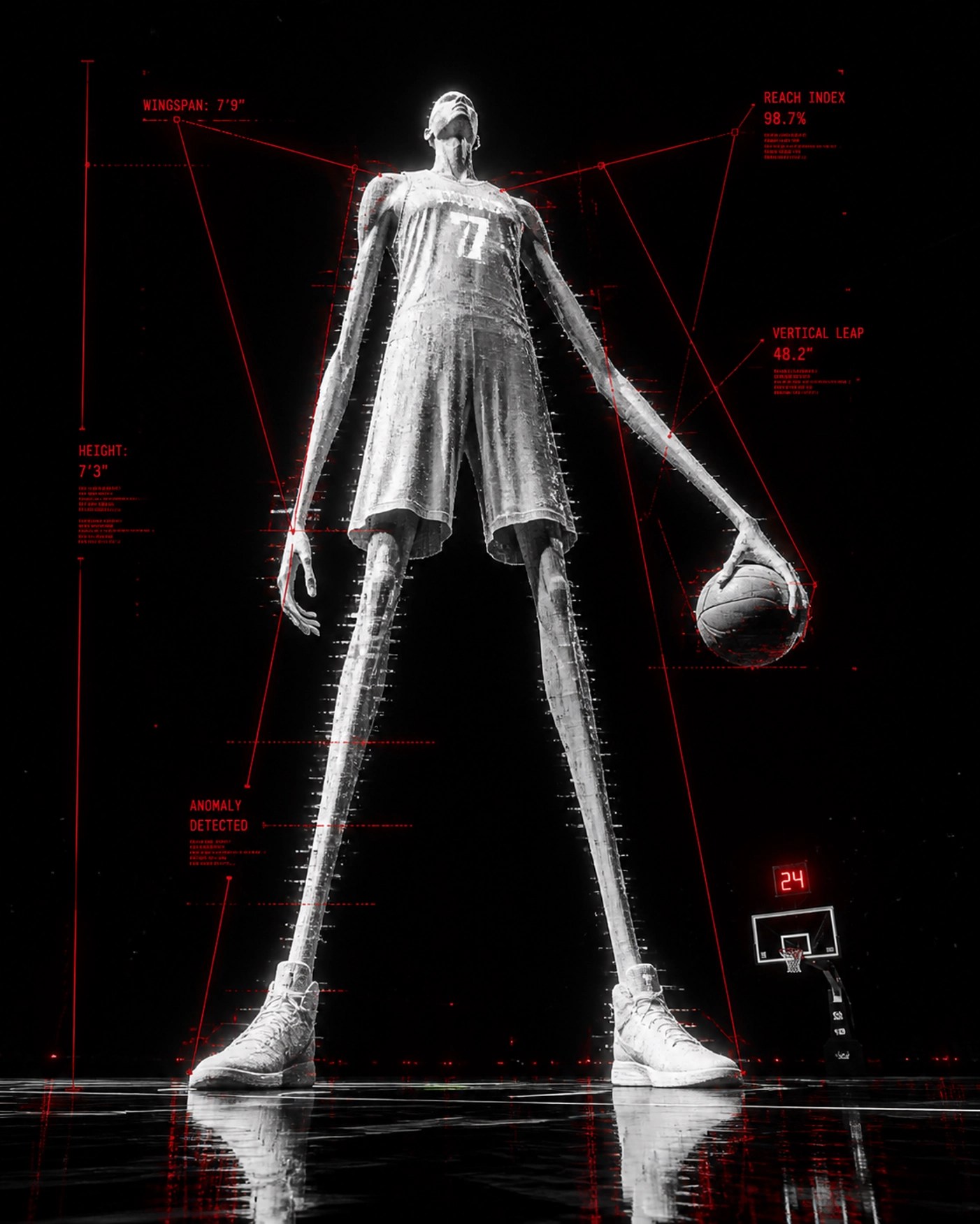 A monolithic silhouette of a basketball player on a court, illustrating the impact of Victor Wembanyama's defense.