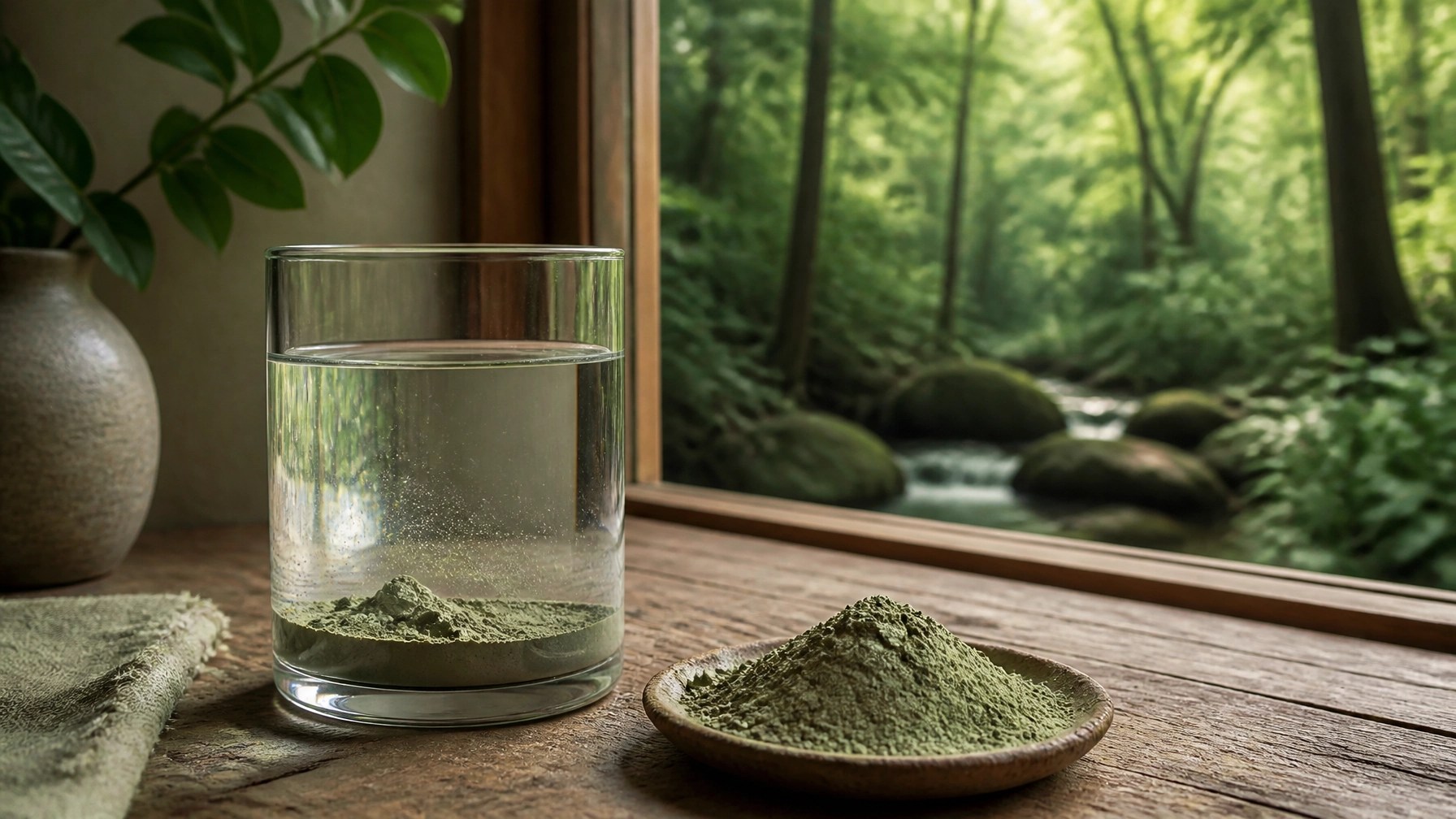 Serene wellness scene with green clay and water for detox