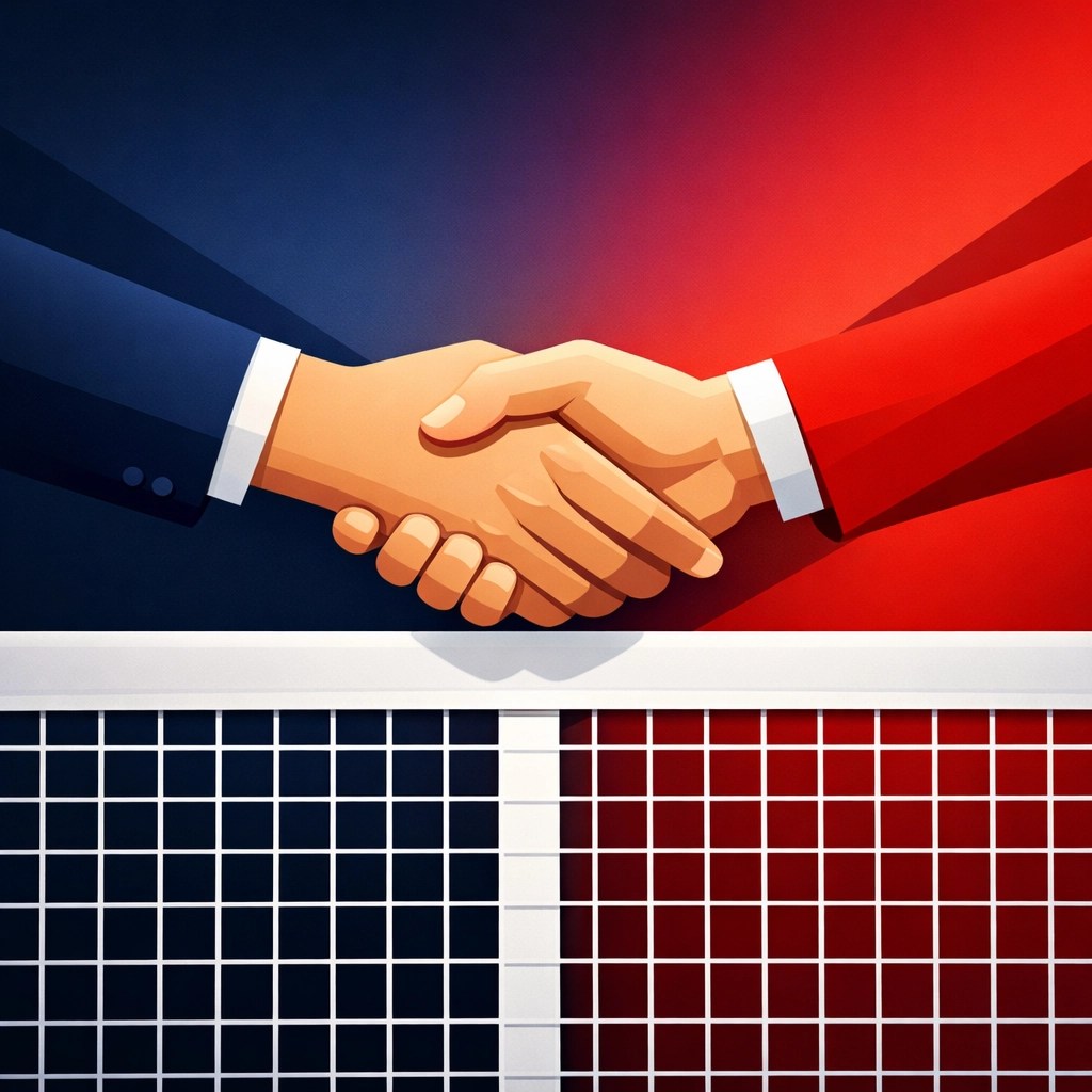Patriotic geometric illustration of a handshake over a tennis net, representing integrity and sportsmanship in competition.