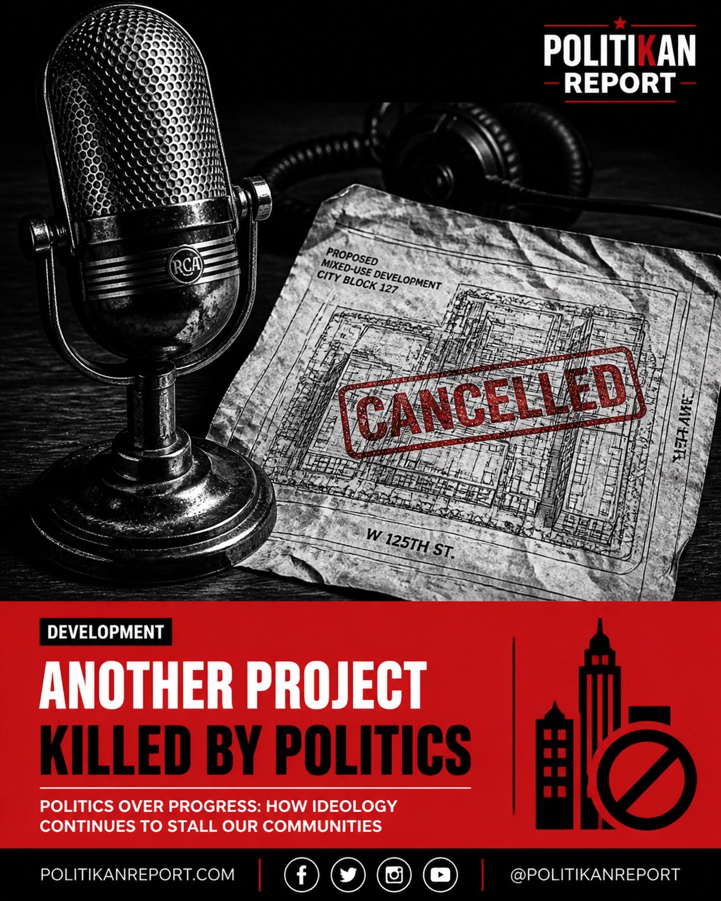 A studio microphone on city blueprints with a red stamp, representing ownership in Hip Hop culture.