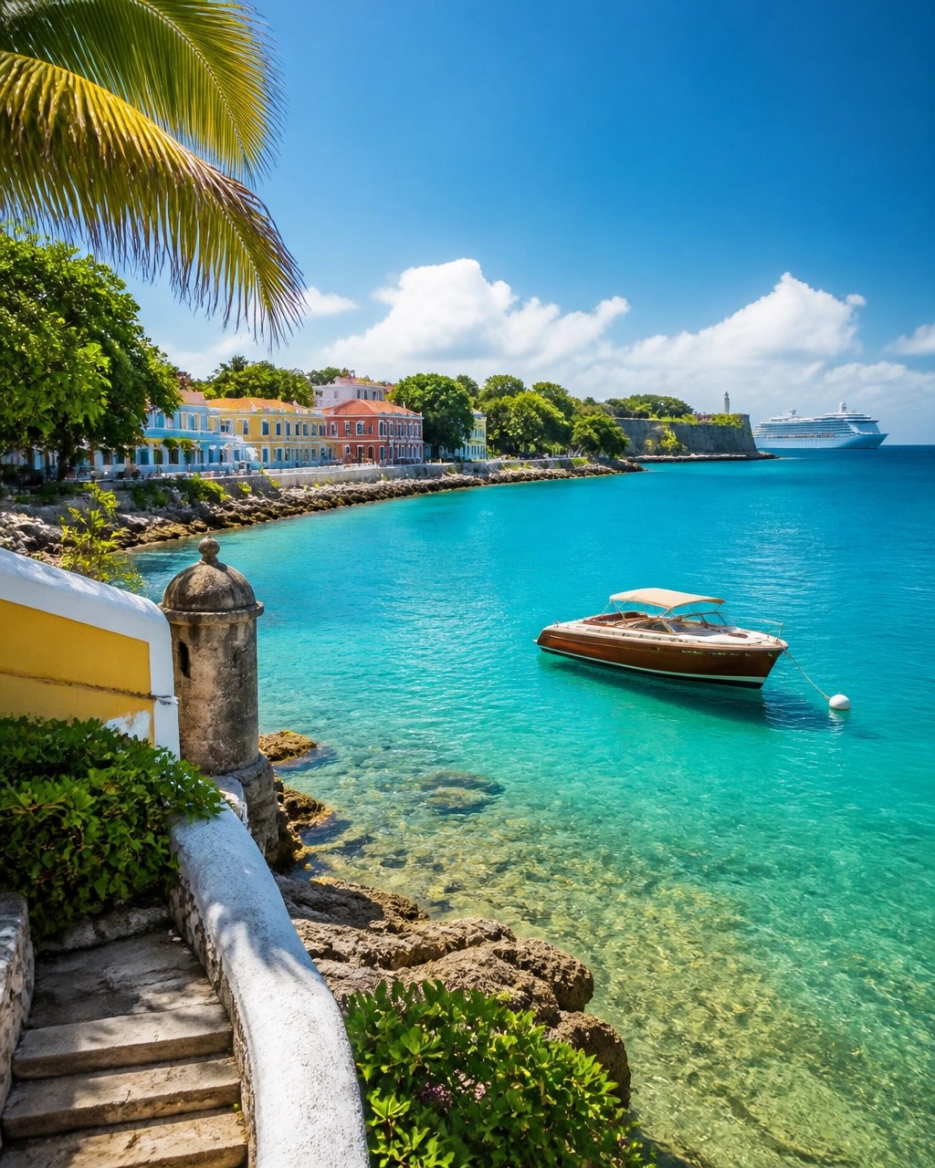 Uncrowded Caribbean port with turquoise water, lush shoreline, and a cruise ship in the distance