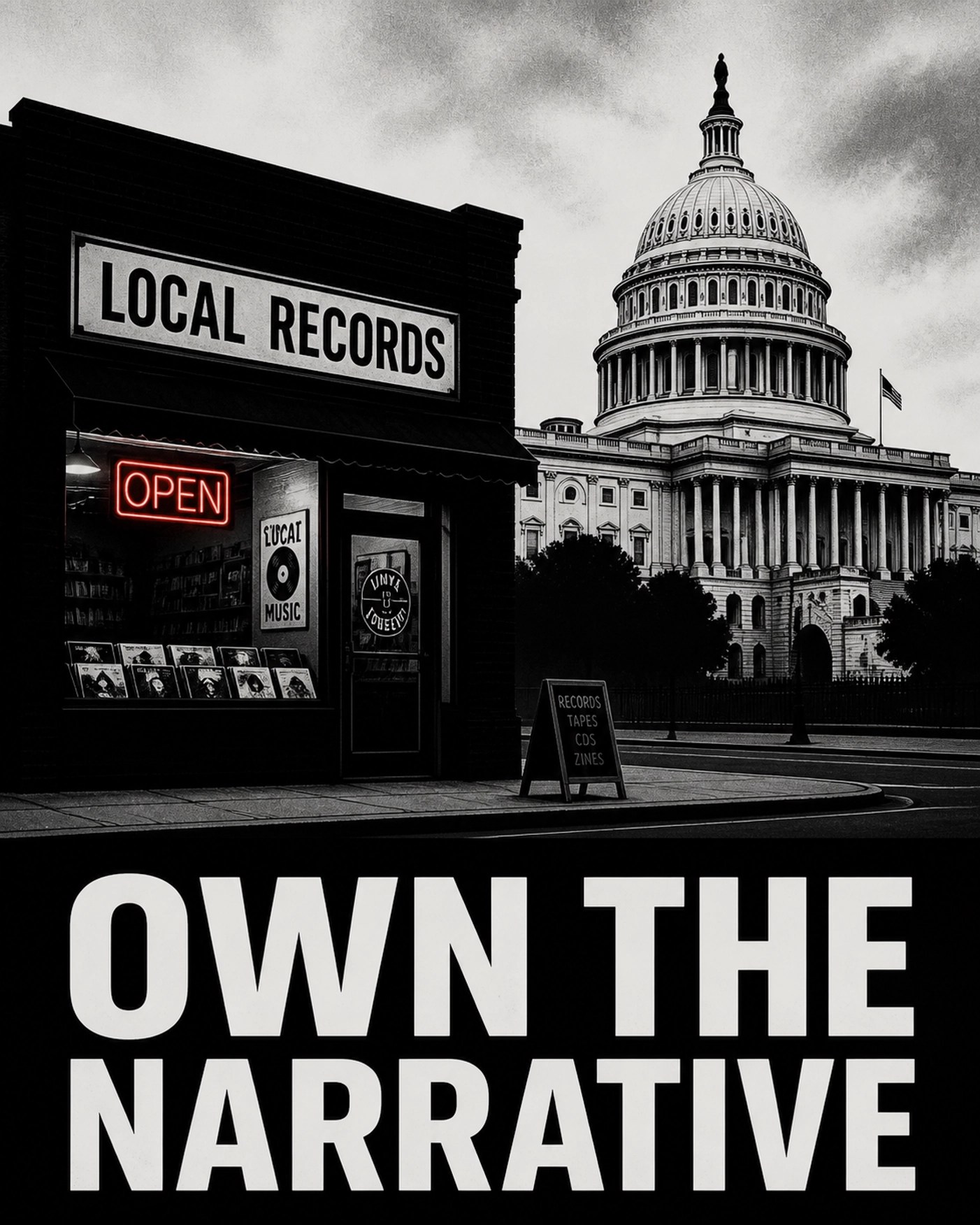 Silhouette of a local record store in front of a government building highlighting urban policy.
