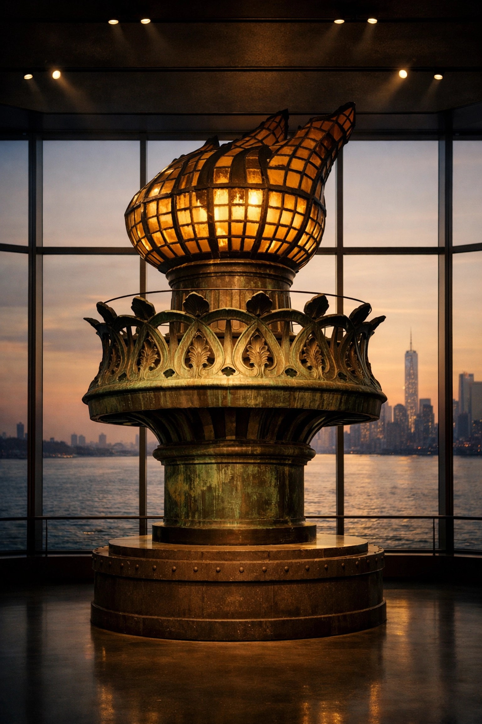 The original 1886 Statue of Liberty torch inside the museum with the NYC harbor in the background.