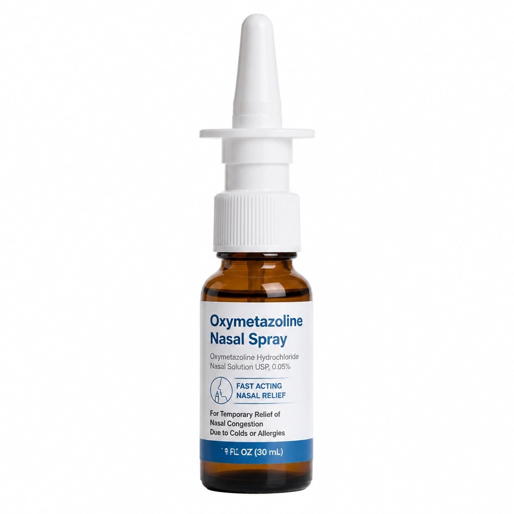 A professional medical-grade nasal spray bottle with a white label, standing upright on a clean white background.