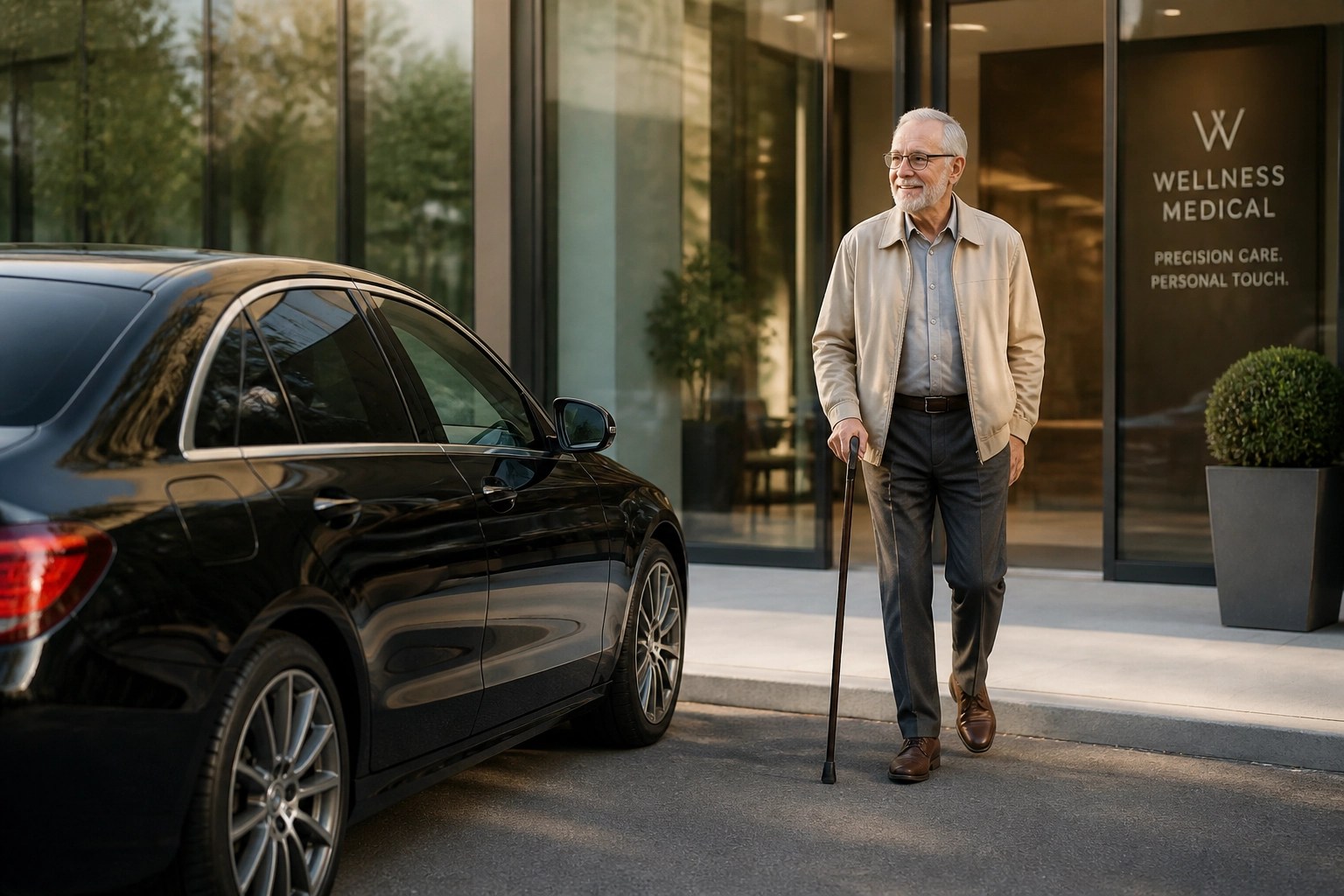 Elderly patient exiting a clinic to a waiting luxury medical transport vehicle at the curb.