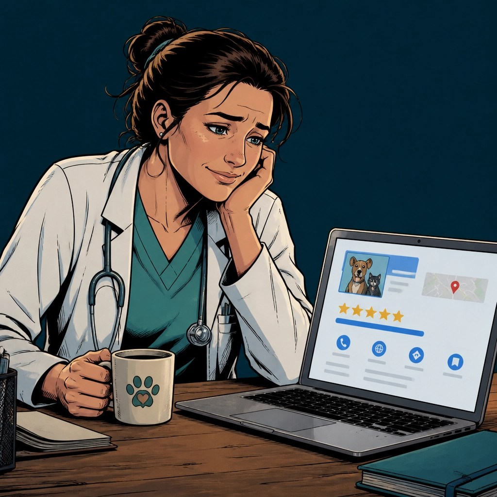 A veterinarian sitting at a desk looking at a laptop showing a simplified veterinary SEO dashboard with Google Business Profile rankings and review metrics